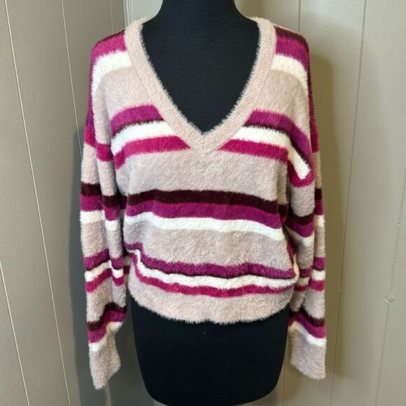 Splendid eyelash fuzzy super stretch cozy V neck fuschia/mauve stripe sweater. - Picture 2 of 7